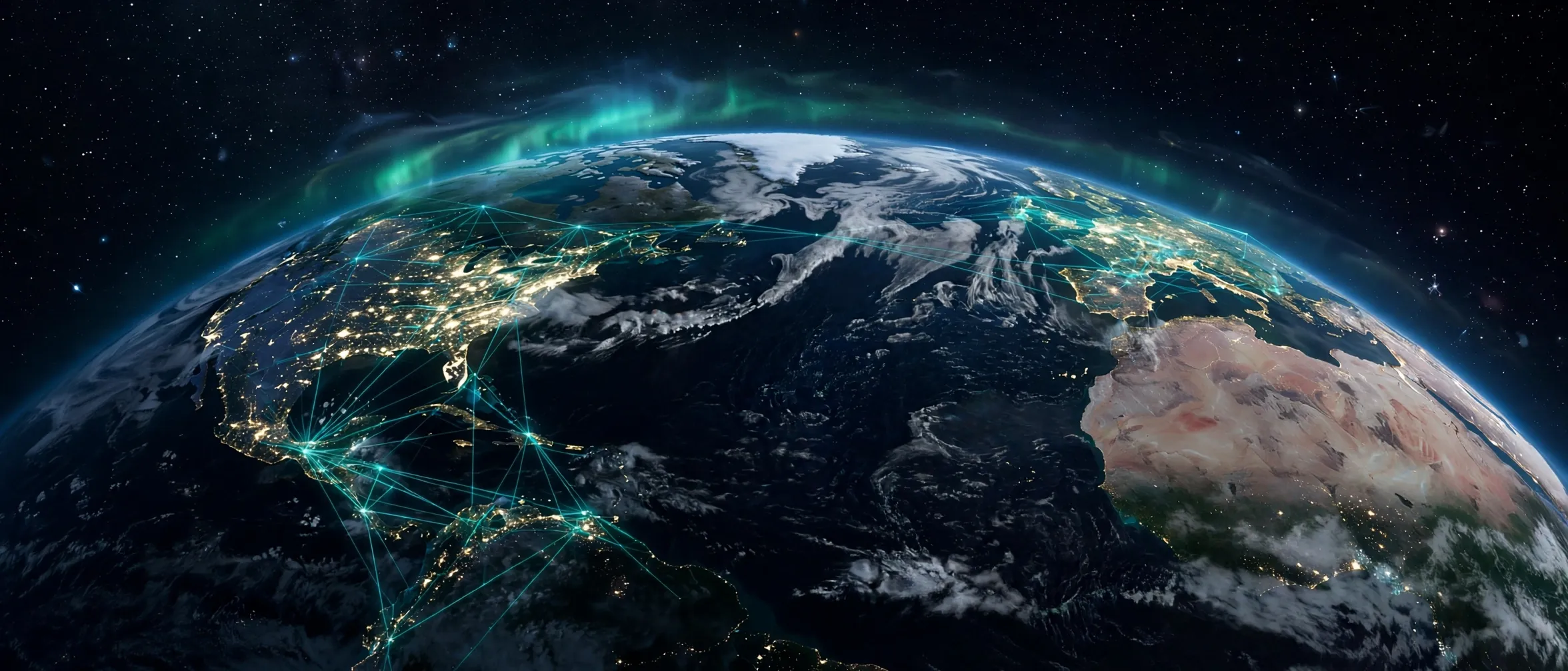 Earth seen from orbit, continental grid lines overlaid beneath an aurora