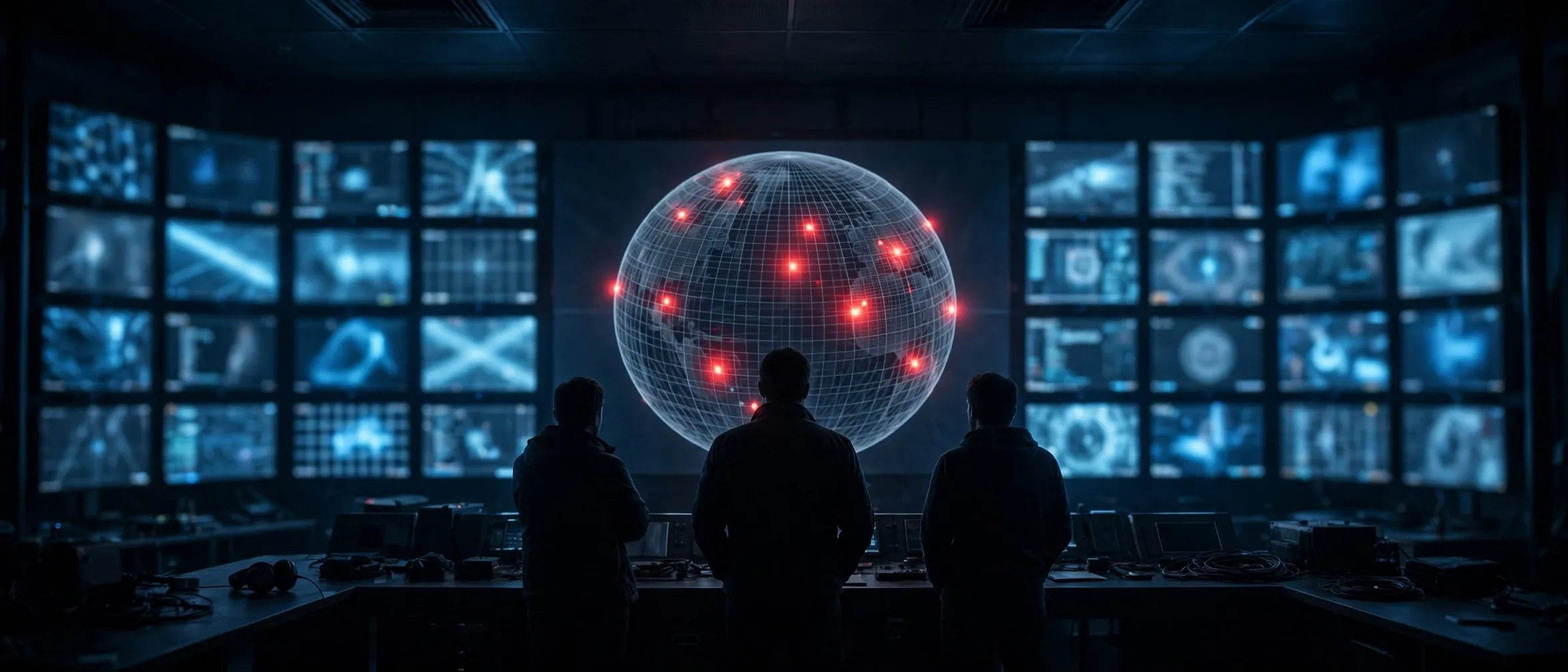 Mission control room with a wireframe globe display